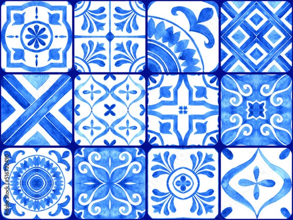 Obraz Portuguese azulejo tiles collection. Blue and white gorgeous seamless pattern.