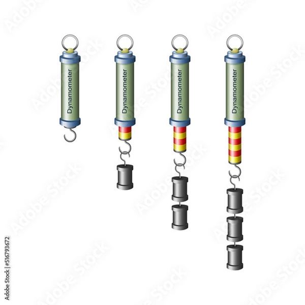 Fototapeta Dynamometer. Force measuring instrument. Set of four silvery cylindrical spring dynamometers with red pointers and various weights isolated on white background. Dynamometer for scientific purposes.