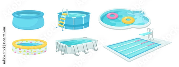 Obraz Swimming pools cartoon illustration collection. Various types of inflatable and outdoor pools for outside summer activity. Party, entertainment, recreation, sport concept