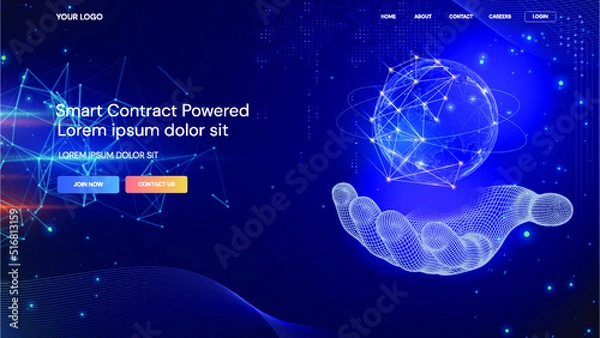 Obraz Technology smart contract Landing page, point and line composed world map, representing the global, Global network connection, World Technology