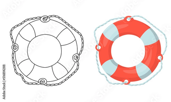 Fototapeta Set of vector Lifebuoy isolated on white background in line art flat color cartoon style.