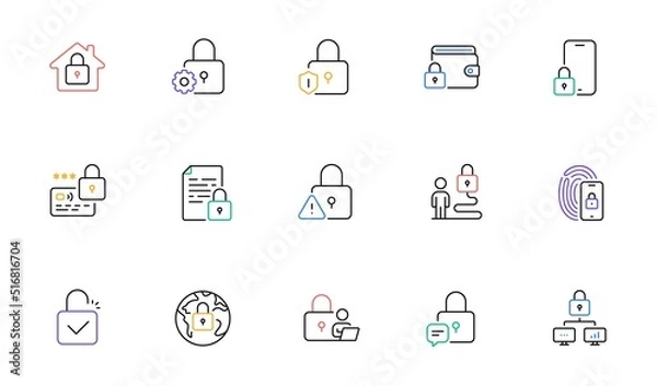 Fototapeta Locks line icons. Fingerprint protection, Unlock code and Credit card password icons. Open padlock, Locked document and Network lock. Online wallet, Fingerprint access and info protection. Vector