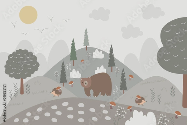 Obraz Vector hand drawn children's wallpaper in scandinavian style. Mountains and hills with trees and firs, forest animals and plants. For a children's wall.