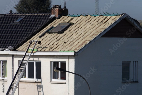 Obraz Ouvriers travaillant à l'isolation d'un toit