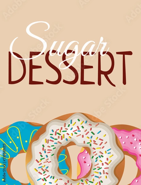 Fototapeta Vector poster with sweet donuts in blue, white and pink. Flyer design with sugar dessert with pastry on beige background