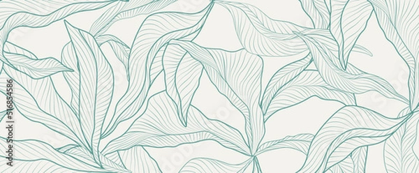 Obraz Light art background with silhouette of tropical leaves in line style. Botanical pattern for wallpaper design, decor, print, textile, interior.