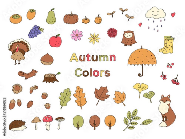 Obraz 秋のイメージのイラストセット-手描きの線画