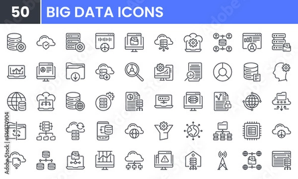 Obraz Big Data vector line icon set. Contains linear outline icons like Database, Data Analysis, Server, Cloud Computing, Network, File, Hosting, Storage, Traffic Analysis, Chart. Editable use and stroke.
