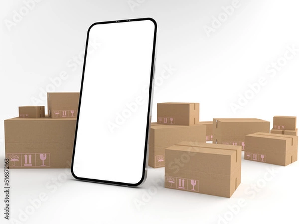 Fototapeta 3D rendering of Smartphones white screen surrounded by variety of cardboard box and boxes of various sizes. Concept of money, Business on mobiles, concept Online delivery, isolated on white background
