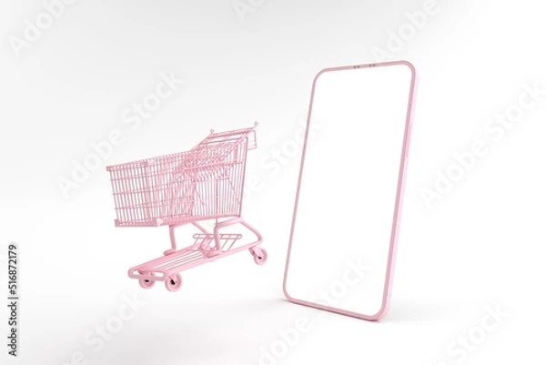 Fototapeta 3D rendering of mockup pink Smartphone white screen surrounded by shopping cart. Concept of shopping on mobile phone and Can fill the content on the white phone screen isolated on the white background