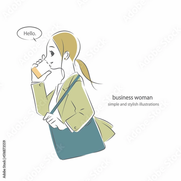 Fototapeta スマホで通話をするビジネスウーマン　シンプルでお洒落な線画イラスト