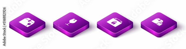 Fototapeta Set Isometric Delivery box with fragile content, Fragile broken glass, Locked package and Cargo ship boxes icon. Vector
