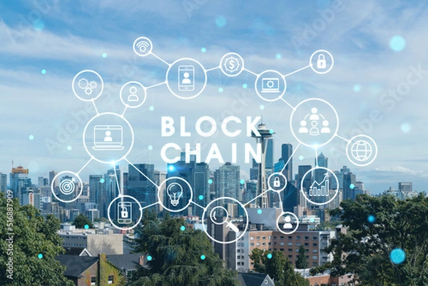 Fototapeta Seattle skyline panorama from Kerry Park. Skyscrapers of financial downtown at day time, Washington, USA. Decentralized economy. Blockchain, cryptography and cryptocurrency concept, hologram