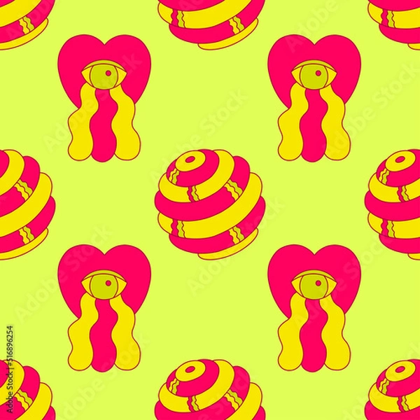 Fototapeta Crazy psychedelic seamless pattern in acid rave style. Vector illustration with eye in heart and sphere in bright colors.