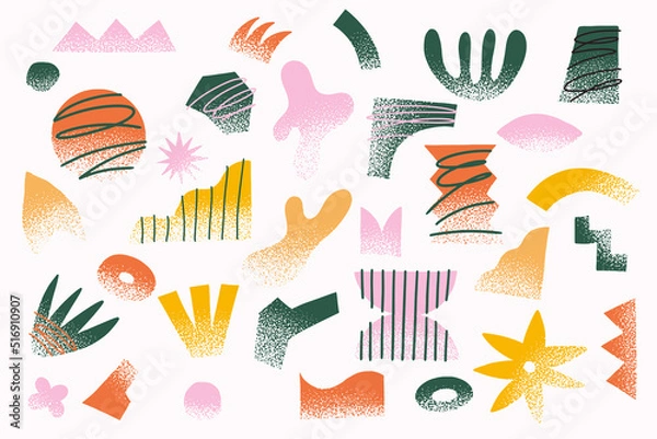Fototapeta Big set of abstract graphic shapes. Multicolored shapes and objects on a light background. Elements of minimalism in the style of modern art. Vector illustration for your design in flat style.
