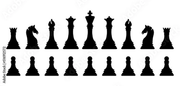 Obraz Black silhouette chess pieces set isolated on white background. Chess icons. King, queen, rook, knight, bishop, pawn. Vector illustration for design.
