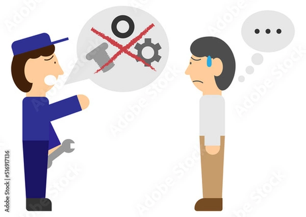 Fototapeta 部品が生産終了などで手に入らないため修理できないと業者に説明を受けて困惑している人