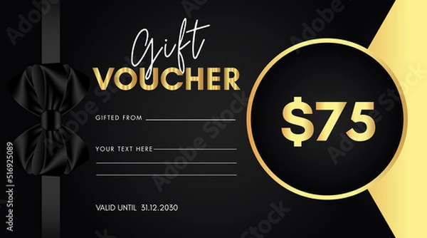 Fototapeta 75 dollar discount for shopping template design with black bow and gold circle frame isolated on black background. Special offer gift voucher template to save money. Gift certificates, coupon code.