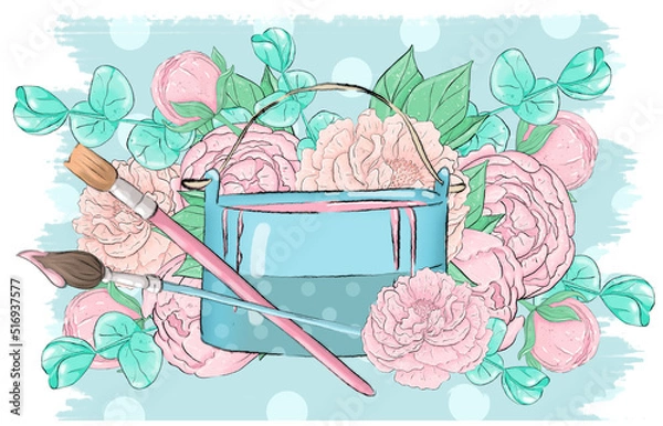 Fototapeta A jar of paint and brushes on the background of a Bouquet of pink peony flowers and eucalyptus leaves. Graphic design elements. To create a logo and postcard