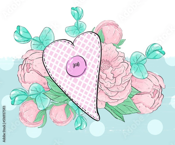 Fototapeta Textile heart on the background of a Bouquet of pink peony flowers and eucalyptus leaves. Graphic design elements. To create a logo and postcard