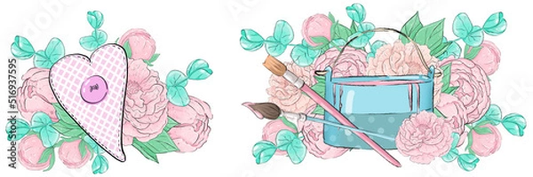 Fototapeta Set of Textile heart and jar with paint and brushes on the background of Bouquet of pink peony flowers and eucalyptus leaves. Graphic design elements. To create a logo and postcard