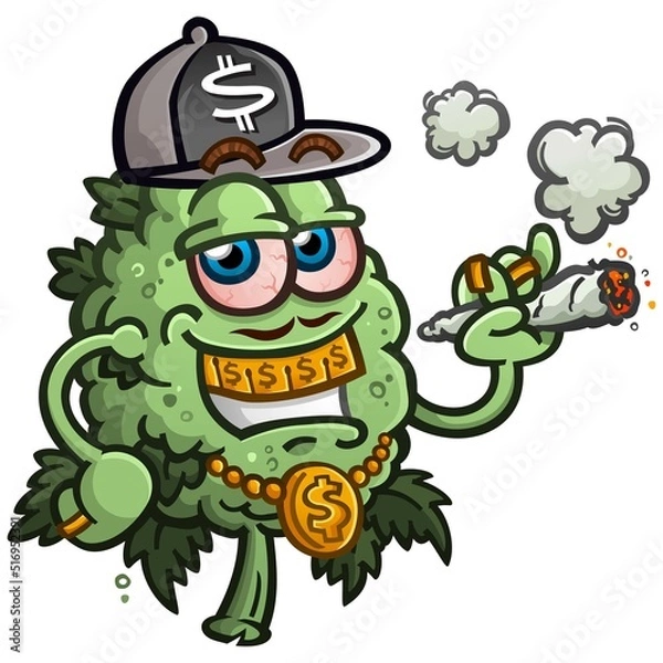 Obraz Urban style hip hop marijuana bud cartoon character sporting swag and smoking a joint wearing shades