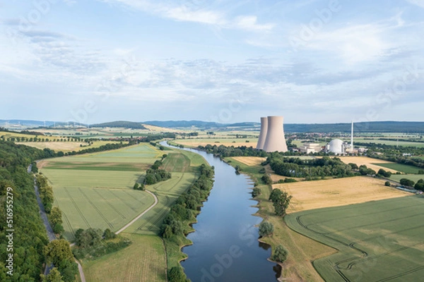 Fototapeta View of drone of nuclear power plant and river