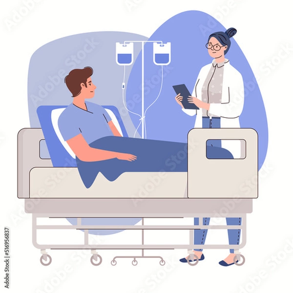Fototapeta Doctor tells about results of examination, disease and treatment plan to patient lying on hospital bed with intravenous drip. Vector characters flat cartoon illustration.