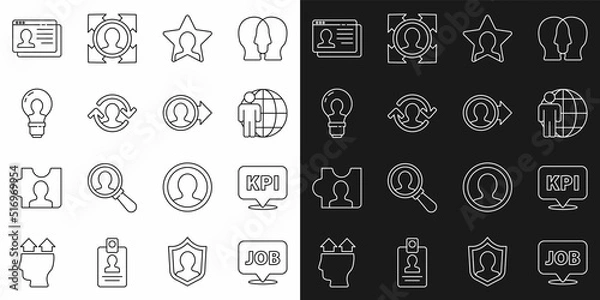 Fototapeta Set line Speech bubble with job, Key performance indicator, Head hunting, Human resources, lamp bulb, Resume and Create account screen icon. Vector