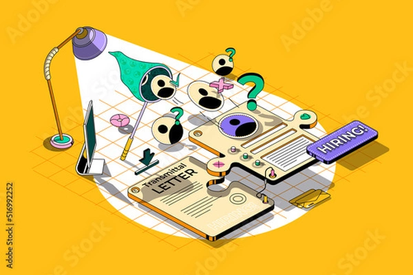 Fototapeta Hiring process concept 3d isometric outline web design. Human resources, search for candidates for vacancies, selection of best resume. Web illustration with abstract line people composition