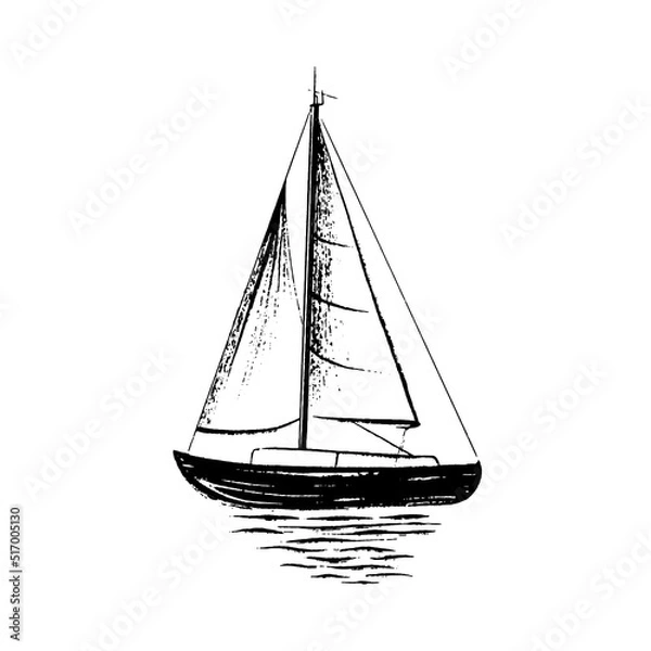 Fototapeta Sailing boat at sea. Abstract minimalistic style. Hand drawn in black ink, brush and paint texture. Vector illustration