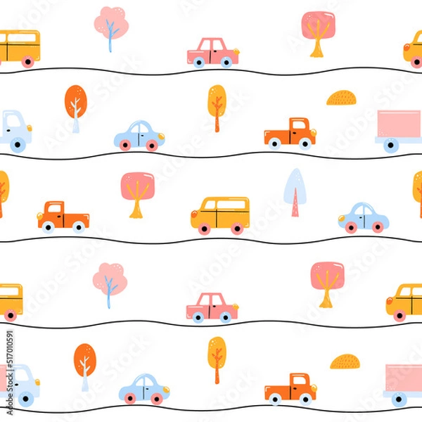 Obraz Baby cartoon transport and trees seamless pattern. Hand-drawn cars background. Vector child city collection.