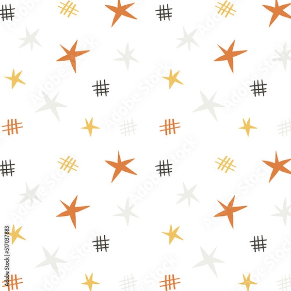 Fototapeta Seamless pattern with cute stars and decorations on white background. Kids design for print, textile, fabric, wallpaper, apparel, wrapping. Simple hand drawn vector illustration..