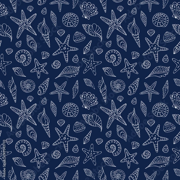 Fototapeta Seamless vector pattern with sketch of seashells and starfish. Sea seamless vector pattern. Decoration print for wrapping, wallpaper, fabric.	
