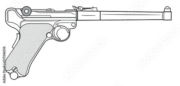 Fototapeta Vector illustration of the German P08 Luger automatic pistol in the artillery version with a long barrel on a white background
