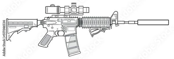 Obraz Vector drawing of an popular M4 assault rifle with adjustable stock, optical sight, silencer and the triangle front grip on a white background.