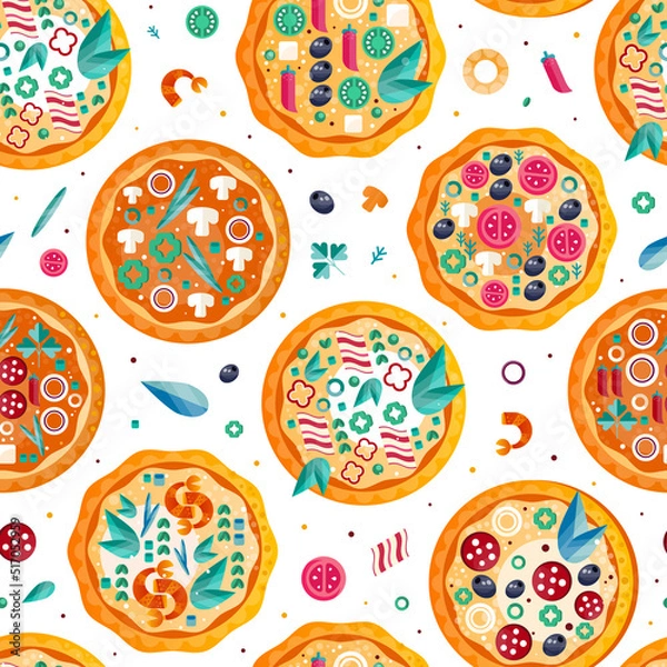 Fototapeta Pizza as Baked Round Dough Topped with Different Ingredient Vector Seamless Pattern Template