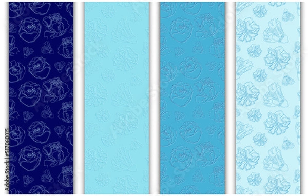 Fototapeta Collection of 4 blue endless patterns. Floral seamless wallpaper, texture, wrapping pattern, textile, fabric. Background with hand drawn blooming flowers.
