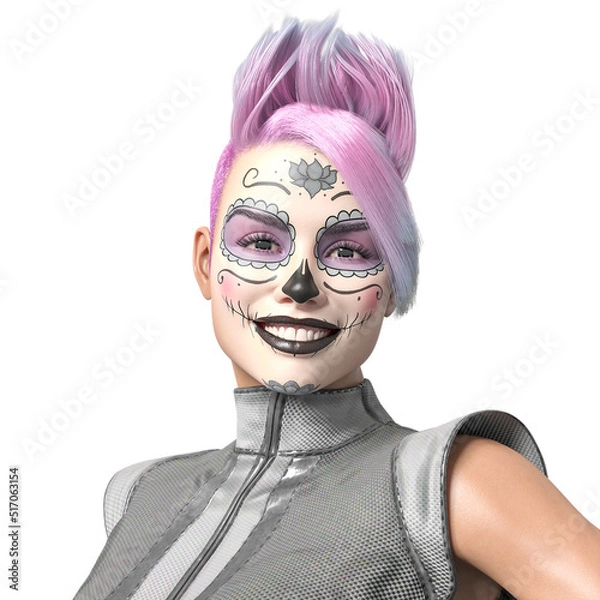 Fototapeta cyberpunk la muerte girl is smiling for id portrait on white background