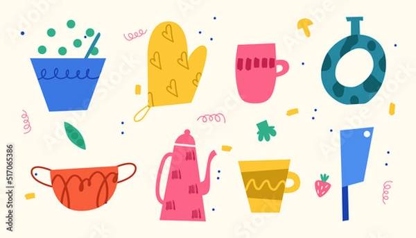 Obraz Collection of different dishes. Cartoon bright dishes. Vector illustration.