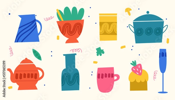 Fototapeta Collection of different bright fashionable tableware. Vector illustration in doodle style.