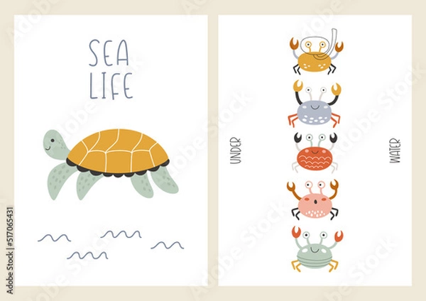 Fototapeta Cute set of marine posters with underwater animals. Vector illustrations of turtles and crabs on postcards