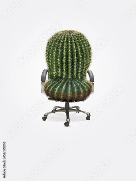 Obraz A Green Cactus like office chair on pastel white background. Uncomfortable office chair. Creative minimal idea. Hemorrhoids concept.