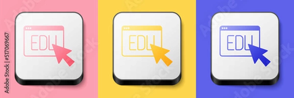 Fototapeta Isometric Online education and graduation icon isolated on pink, yellow and blue background. Online teacher on monitor. Webinar and video seminar learning. Square button. Vector