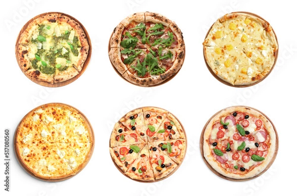 Fototapeta Set with different delicious pizzas on white background, top view