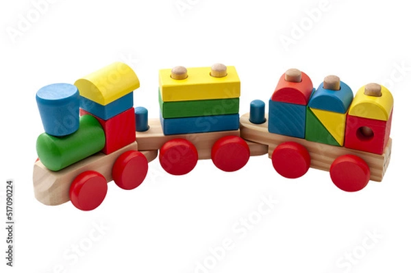 Fototapeta Vintage toy train model made of blocks in many shapes isolated on white background with a clipping path cutout concept for childhood development, minimalist nostalgic toys and educational play time