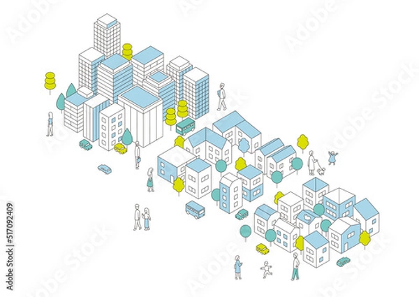 Fototapeta オフィス街と住宅街のシンプルなアイソメトリック図　ベクターイラスト
