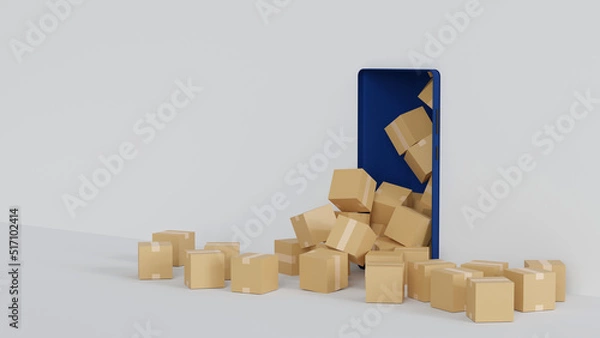 Fototapeta Cardboard box parcel overflow from smartphone display, online delivery concept, 3D rendering.