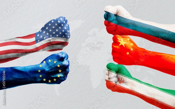 Fototapeta Flags of usa or United States of America, Russia, Iran, EU or European Union and China on hands punch to each others on world map background, Ukraine vs Russia in proxy war concept