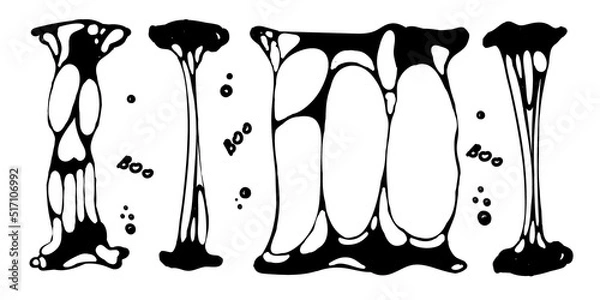 Obraz A set for working with stains, slime. Doodle-style painted elements. Slime in the shape of a skull and Boo inscriptions. Black splattered slime, toxic dripping slime. Splatter. Isolated vector figure.
